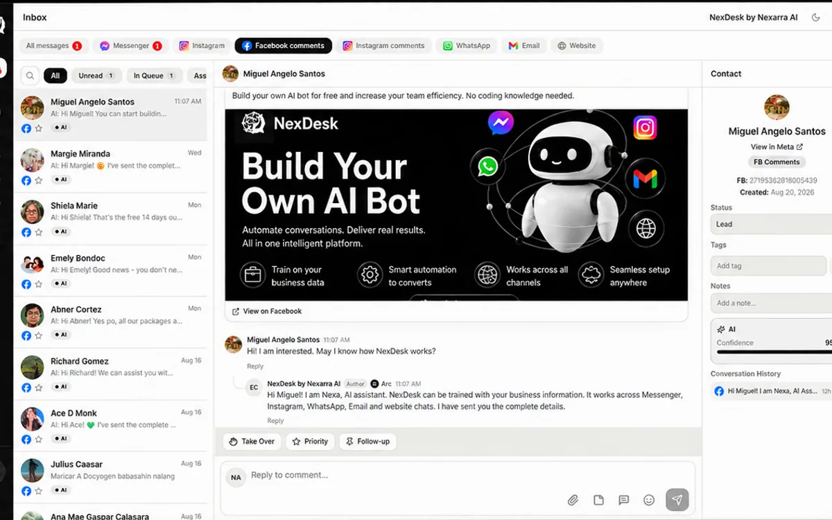 The NexDesk inbox with a customer thread and the contact panel